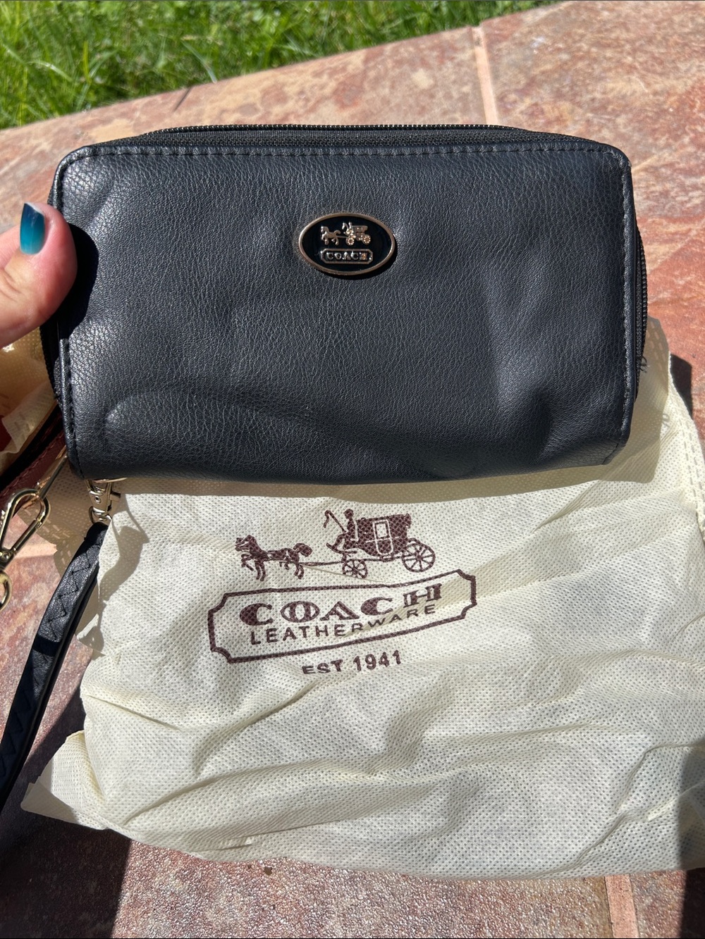 Coach Black Leather Wristlet with Gold Logo Hardware